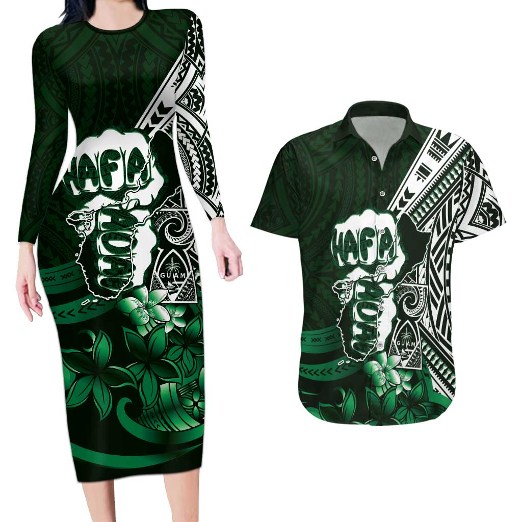 Hafa Adai Guam Discovery Day Couples Matching Long Sleeve Bodycon Dress and Hawaiian Shirt Chamorro Latte Stone Hand Green Version LT14 Green - Polynesian Pride