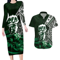 Hafa Adai Guam Discovery Day Couples Matching Long Sleeve Bodycon Dress and Hawaiian Shirt Chamorro Latte Stone Hand Green Version LT14 Green - Polynesian Pride