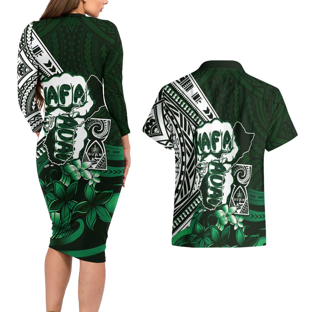 Hafa Adai Guam Discovery Day Couples Matching Long Sleeve Bodycon Dress and Hawaiian Shirt Chamorro Latte Stone Hand Green Version LT14 - Polynesian Pride