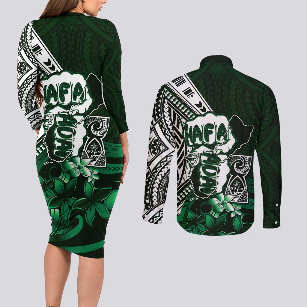 Hafa Adai Guam Discovery Day Couples Matching Long Sleeve Bodycon Dress and Long Sleeve Button Shirt Chamorro Latte Stone Hand Green Version LT14 - Polynesian Pride