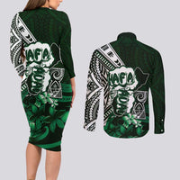 Hafa Adai Guam Discovery Day Couples Matching Long Sleeve Bodycon Dress and Long Sleeve Button Shirt Chamorro Latte Stone Hand Green Version LT14 - Polynesian Pride
