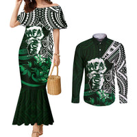 Hafa Adai Guam Discovery Day Couples Matching Mermaid Dress and Long Sleeve Button Shirt Chamorro Latte Stone Hand Green Version