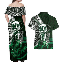 Hafa Adai Guam Discovery Day Couples Matching Off Shoulder Maxi Dress and Hawaiian Shirt Chamorro Latte Stone Hand Green Version LT14 - Polynesian Pride