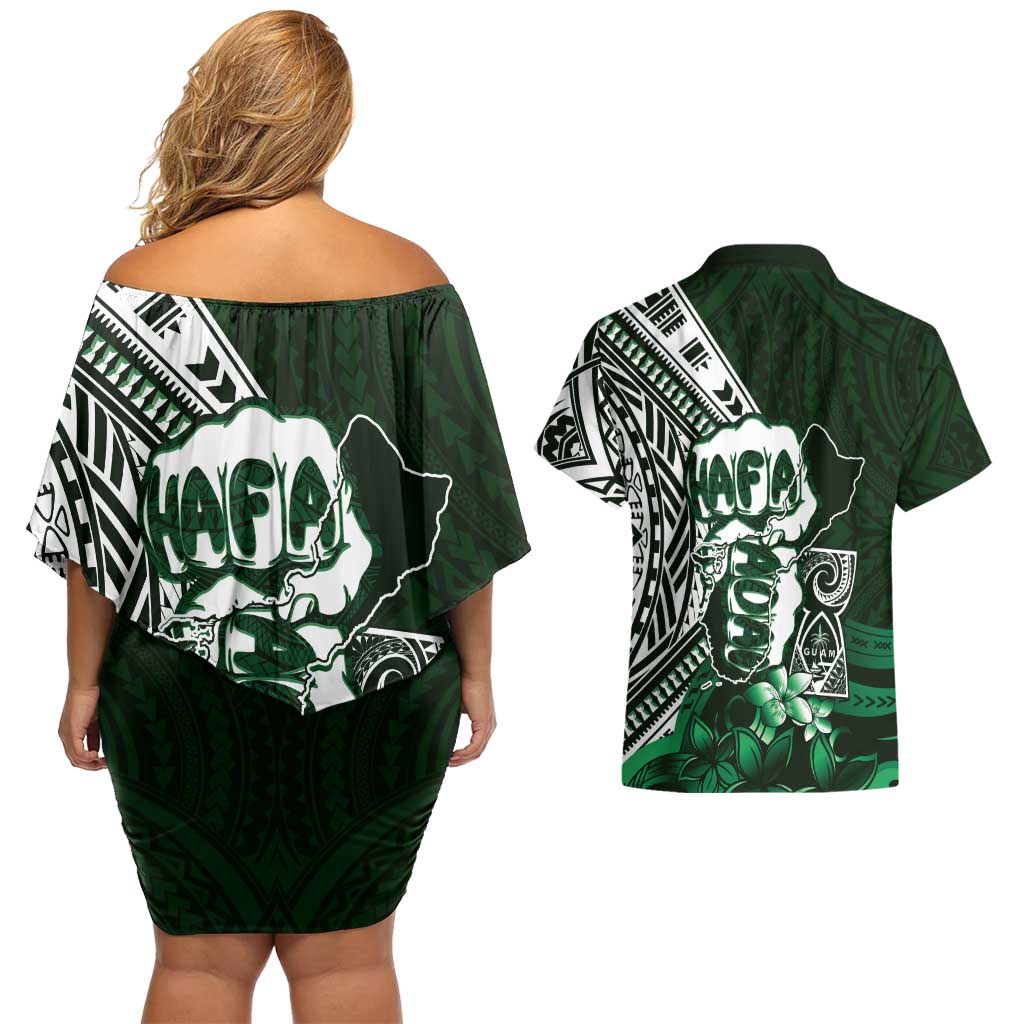 Hafa Adai Guam Discovery Day Couples Matching Off Shoulder Short Dress and Hawaiian Shirt Chamorro Latte Stone Hand Green Version LT14 - Polynesian Pride