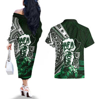 Hafa Adai Guam Discovery Day Couples Matching Off The Shoulder Long Sleeve Dress and Hawaiian Shirt Chamorro Latte Stone Hand Green Version LT14 - Polynesian Pride