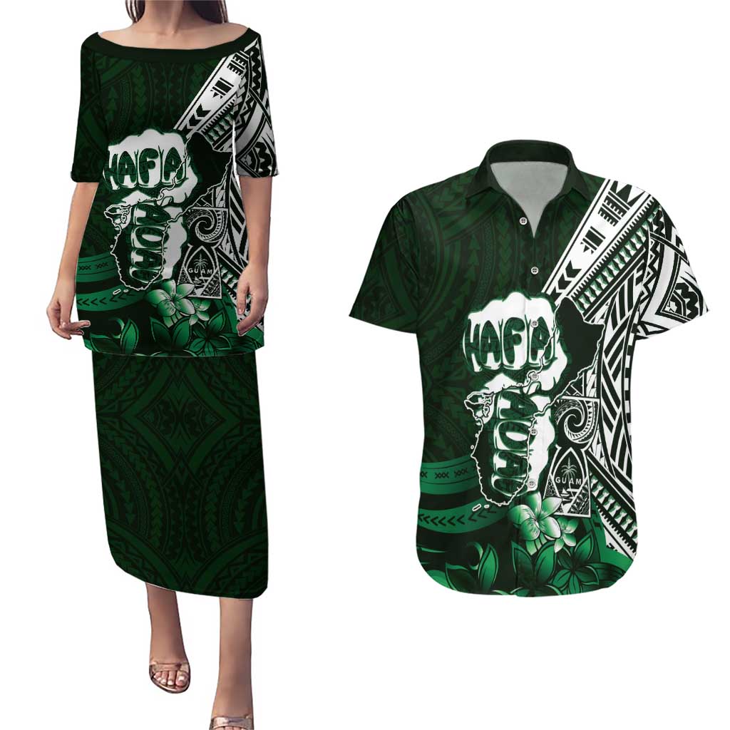Hafa Adai Guam Discovery Day Couples Matching Puletasi and Hawaiian Shirt Chamorro Latte Stone Hand Green Version