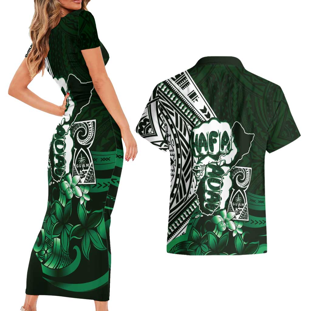 Hafa Adai Guam Discovery Day Couples Matching Short Sleeve Bodycon Dress and Hawaiian Shirt Chamorro Latte Stone Hand Green Version LT14 - Polynesian Pride