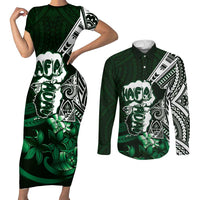 Hafa Adai Guam Discovery Day Couples Matching Short Sleeve Bodycon Dress and Long Sleeve Button Shirt Chamorro Latte Stone Hand Green Version LT14 Green - Polynesian Pride
