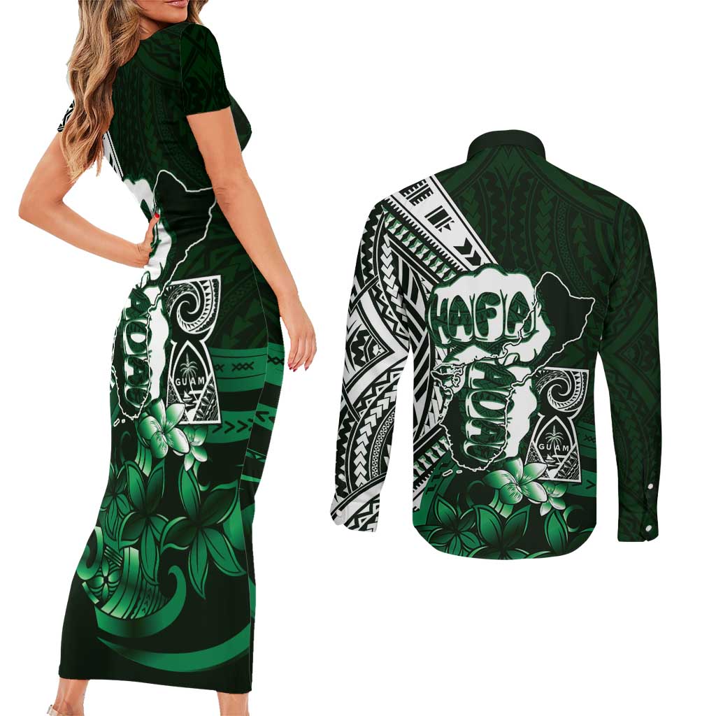 Hafa Adai Guam Discovery Day Couples Matching Short Sleeve Bodycon Dress and Long Sleeve Button Shirt Chamorro Latte Stone Hand Green Version LT14 - Polynesian Pride