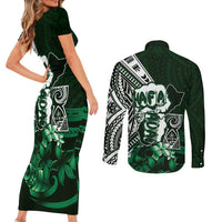 Hafa Adai Guam Discovery Day Couples Matching Short Sleeve Bodycon Dress and Long Sleeve Button Shirt Chamorro Latte Stone Hand Green Version LT14 - Polynesian Pride