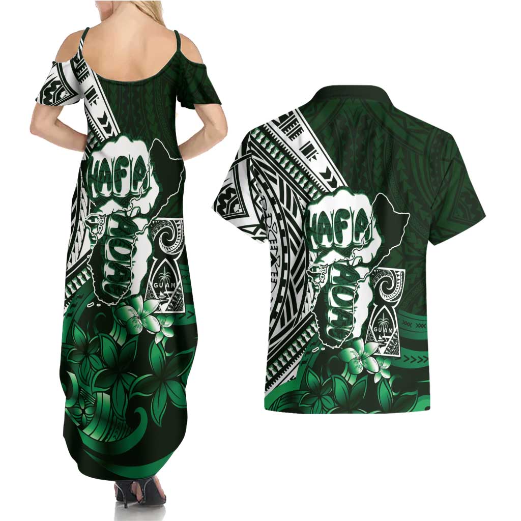 Hafa Adai Guam Discovery Day Couples Matching Summer Maxi Dress and Hawaiian Shirt Chamorro Latte Stone Hand Green Version LT14 - Polynesian Pride