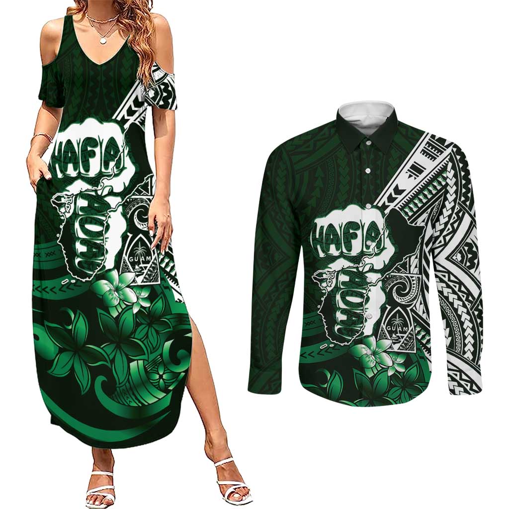 Hafa Adai Guam Discovery Day Couples Matching Summer Maxi Dress and Long Sleeve Button Shirt Chamorro Latte Stone Hand Green Version