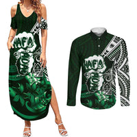 Hafa Adai Guam Discovery Day Couples Matching Summer Maxi Dress and Long Sleeve Button Shirt Chamorro Latte Stone Hand Green Version