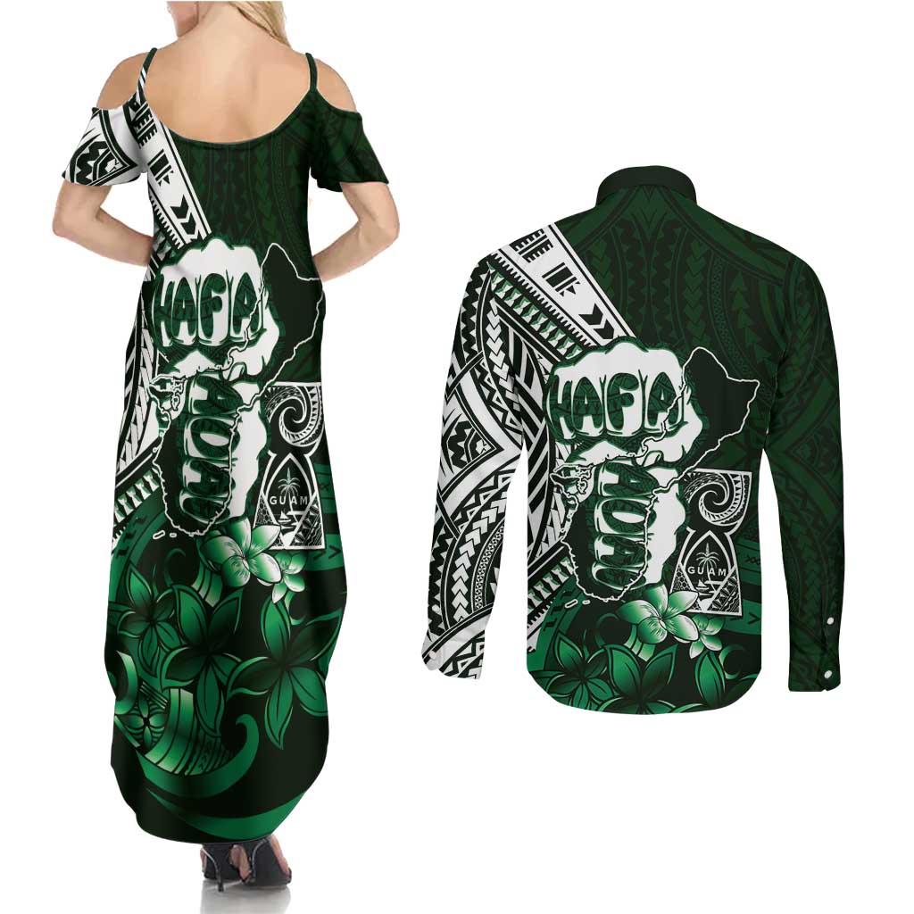 Hafa Adai Guam Discovery Day Couples Matching Summer Maxi Dress and Long Sleeve Button Shirt Chamorro Latte Stone Hand Green Version