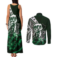 Hafa Adai Guam Discovery Day Couples Matching Tank Maxi Dress and Long Sleeve Button Shirt Chamorro Latte Stone Hand Green Version