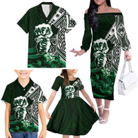 Hafa Adai Guam Discovery Day Family Matching Off The Shoulder Long Sleeve Dress and Hawaiian Shirt Chamorro Latte Stone Hand Green Version LT14 - Polynesian Pride