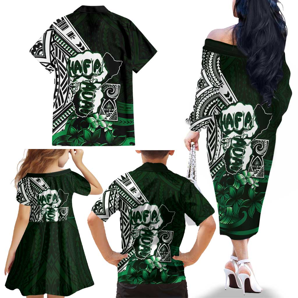 Hafa Adai Guam Discovery Day Family Matching Off The Shoulder Long Sleeve Dress and Hawaiian Shirt Chamorro Latte Stone Hand Green Version LT14 - Polynesian Pride