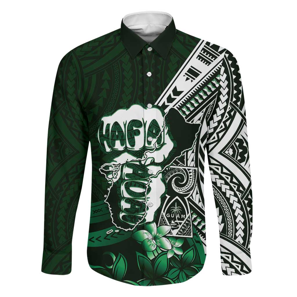 Hafa Adai Guam Discovery Day Family Matching Off Shoulder Maxi Dress and Hawaiian Shirt Chamorro Latte Stone Hand Green Version LT14 Dad's Shirt - Long Sleeve Green - Polynesian Pride