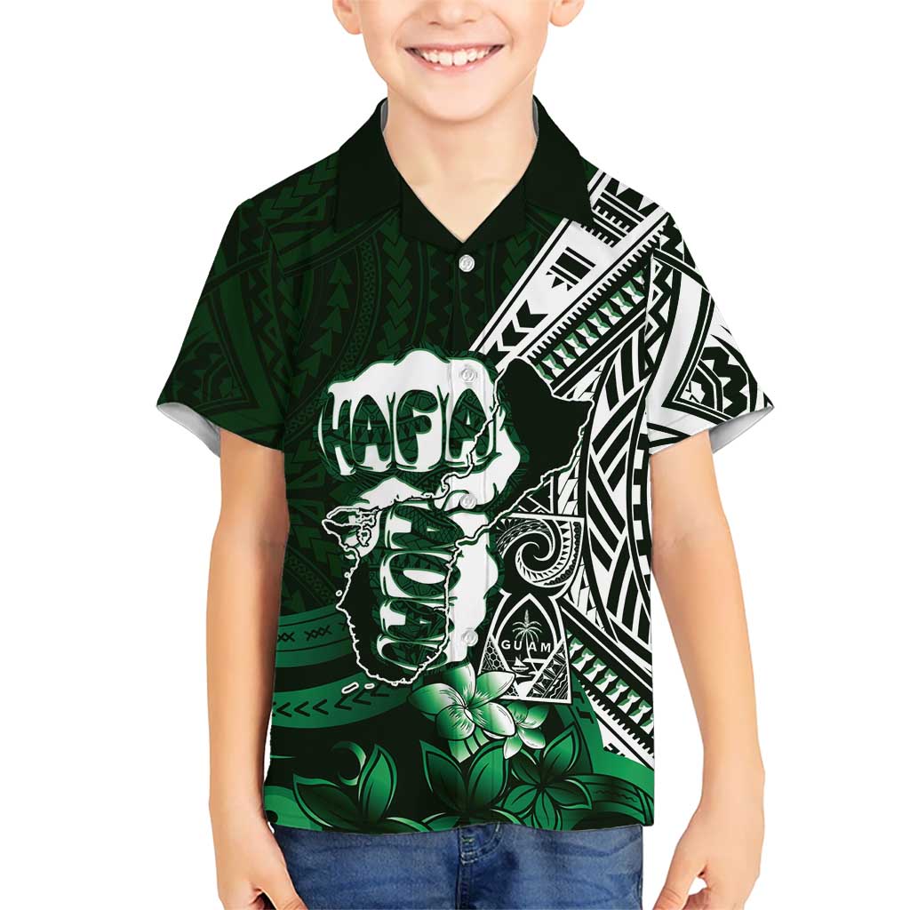 Hafa Adai Guam Discovery Day Family Matching Off Shoulder Maxi Dress and Hawaiian Shirt Chamorro Latte Stone Hand Green Version LT14 Son's Shirt Green - Polynesian Pride