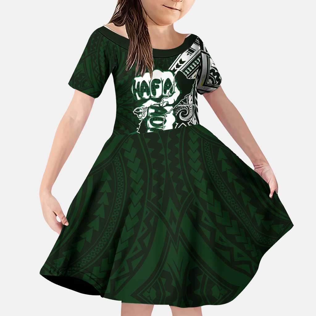Hafa Adai Guam Discovery Day Family Matching Puletasi and Hawaiian Shirt Chamorro Latte Stone Hand Green Version LT14 Daughter's Dress Green - Polynesian Pride