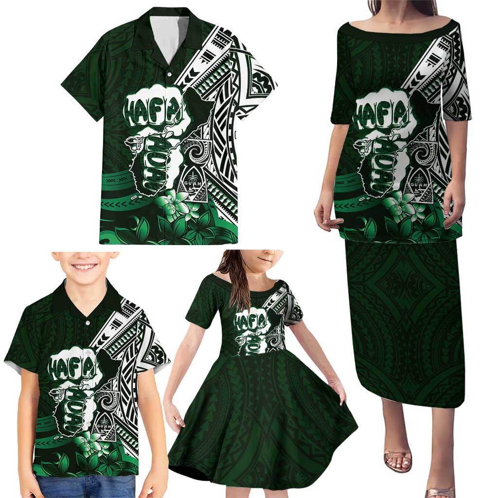 Hafa Adai Guam Discovery Day Family Matching Puletasi and Hawaiian Shirt Chamorro Latte Stone Hand Green Version LT14 - Polynesian Pride