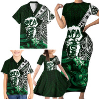 Hafa Adai Guam Discovery Day Family Matching Short Sleeve Bodycon Dress and Hawaiian Shirt Chamorro Latte Stone Hand Green Version LT14 - Polynesian Pride