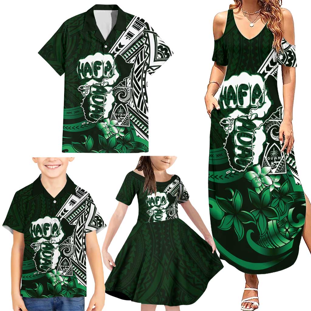 Hafa Adai Guam Discovery Day Family Matching Summer Maxi Dress and Hawaiian Shirt Chamorro Latte Stone Hand Green Version LT14 - Polynesian Pride
