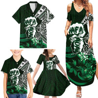 Hafa Adai Guam Discovery Day Family Matching Summer Maxi Dress and Hawaiian Shirt Chamorro Latte Stone Hand Green Version LT14 - Polynesian Pride