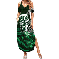 Hafa Adai Guam Discovery Day Family Matching Summer Maxi Dress and Hawaiian Shirt Chamorro Latte Stone Hand Green Version LT14 Mom's Dress Green - Polynesian Pride