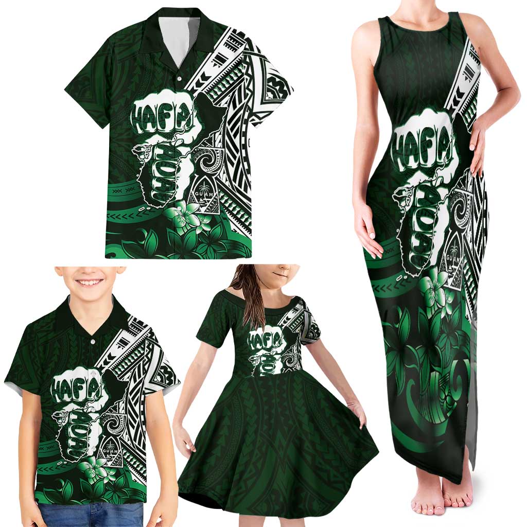 Hafa Adai Guam Discovery Day Family Matching Tank Maxi Dress and Hawaiian Shirt Chamorro Latte Stone Hand Green Version LT14 - Polynesian Pride