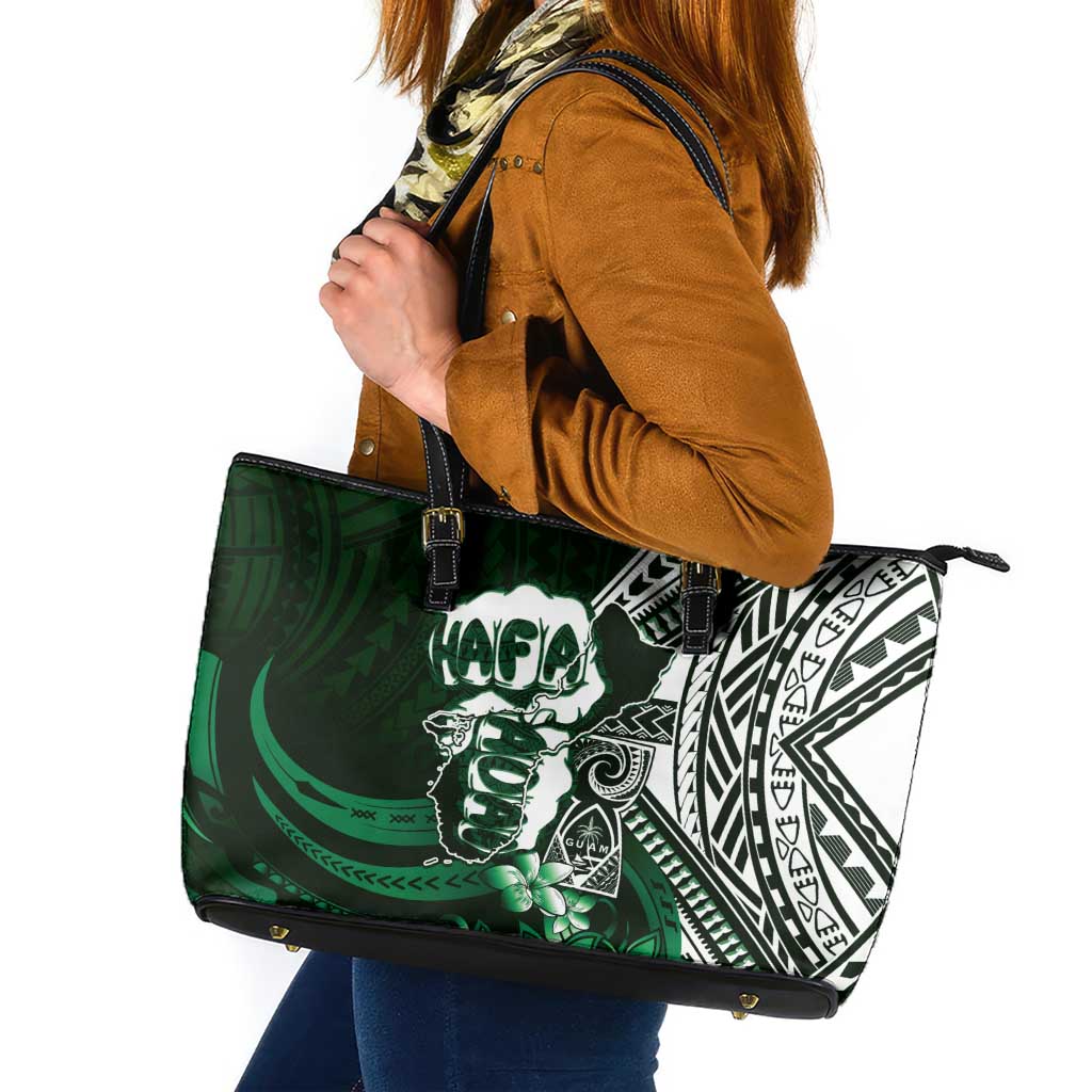 Hafa Adai Guam Discovery Day Leather Tote Bag Chamorro Latte Stone Hand Green Version LT14 Green - Polynesian Pride