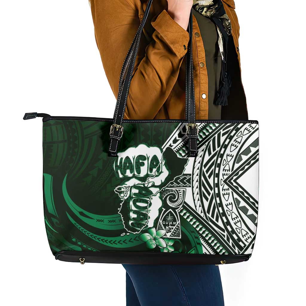 Hafa Adai Guam Discovery Day Leather Tote Bag Chamorro Latte Stone Hand Green Version LT14 - Polynesian Pride