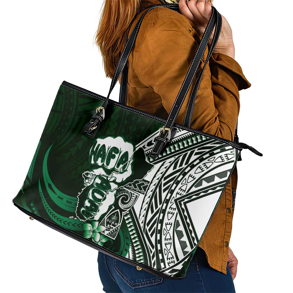 Hafa Adai Guam Discovery Day Leather Tote Bag Chamorro Latte Stone Hand Green Version LT14 - Polynesian Pride