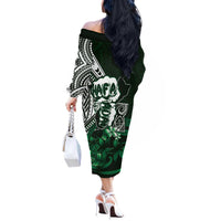 Hafa Adai Guam Discovery Day Off The Shoulder Long Sleeve Dress Chamorro Latte Stone Hand Green Version LT14 - Polynesian Pride