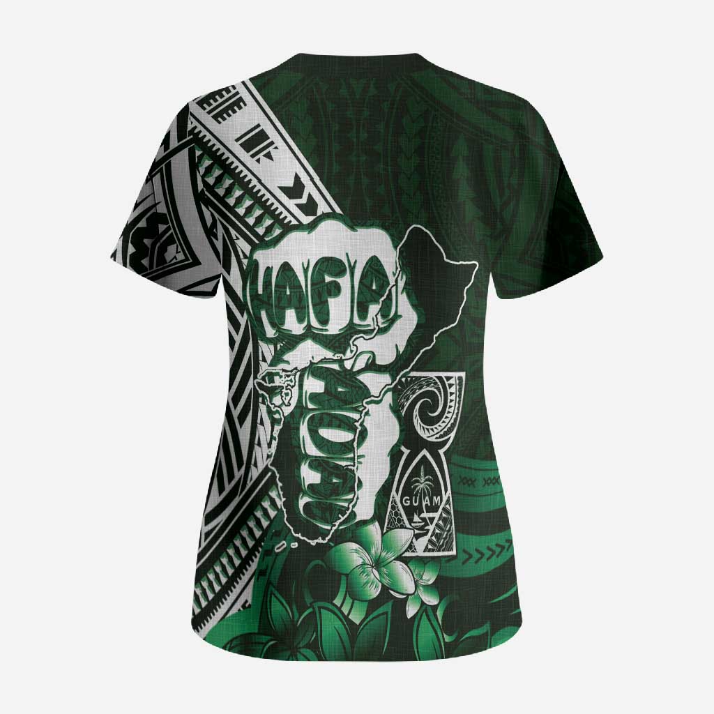 Hafa Adai Guam Discovery Day Scrub Top Chamorro Latte Stone Hand Green Version