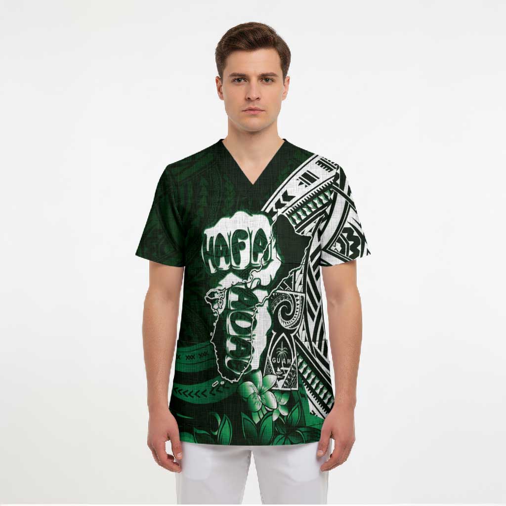 Hafa Adai Guam Discovery Day Scrub Top Chamorro Latte Stone Hand Green Version