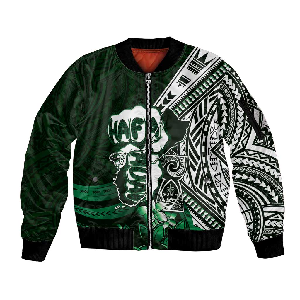 Hafa Adai Guam Discovery Day Sleeve Zip Bomber Jacket Chamorro Latte Stone Hand Green Version