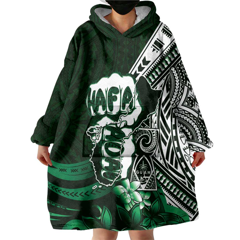 Hafa Adai Guam Discovery Day Wearable Blanket Hoodie Chamorro Latte Stone Hand Green Version
