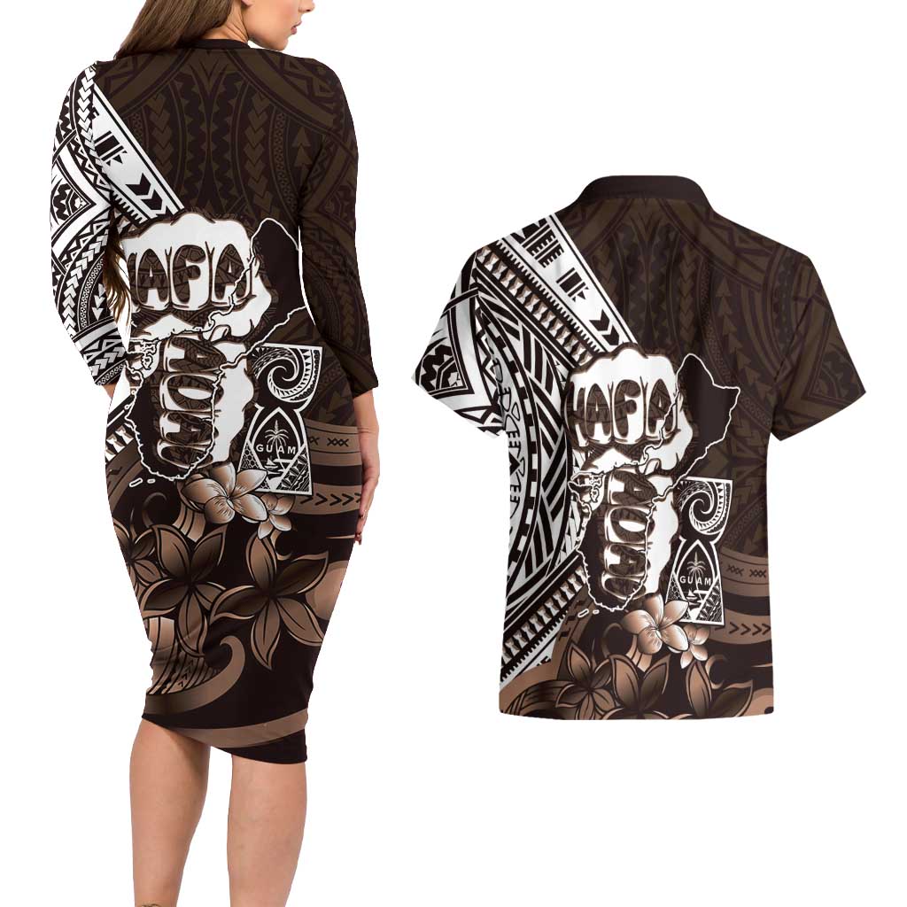 Hafa Adai Guam Discovery Day Couples Matching Long Sleeve Bodycon Dress and Hawaiian Shirt Chamorro Latte Stone Hand Brown Version LT14 - Polynesian Pride