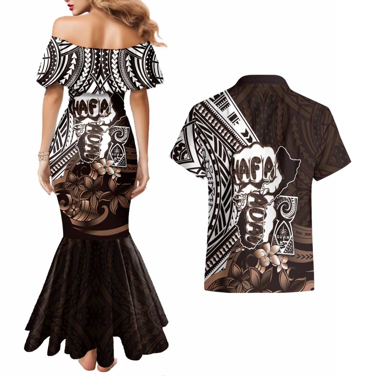 Hafa Adai Guam Discovery Day Couples Matching Mermaid Dress and Hawaiian Shirt Chamorro Latte Stone Hand Brown Version LT14 - Polynesian Pride