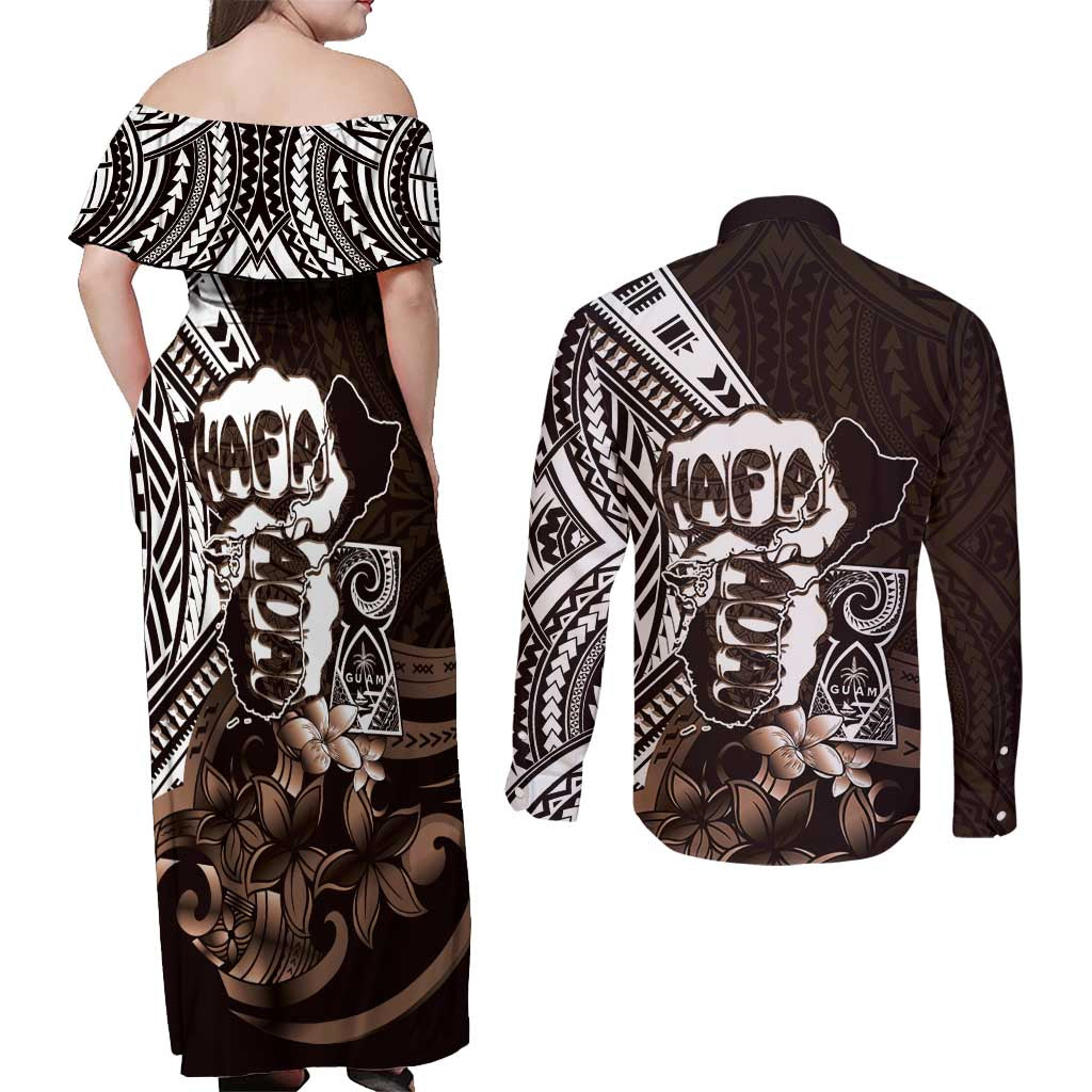 Hafa Adai Guam Discovery Day Couples Matching Off Shoulder Maxi Dress and Long Sleeve Button Shirt Chamorro Latte Stone Hand Brown Version