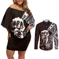 Hafa Adai Guam Discovery Day Couples Matching Off Shoulder Short Dress and Long Sleeve Button Shirt Chamorro Latte Stone Hand Brown Version