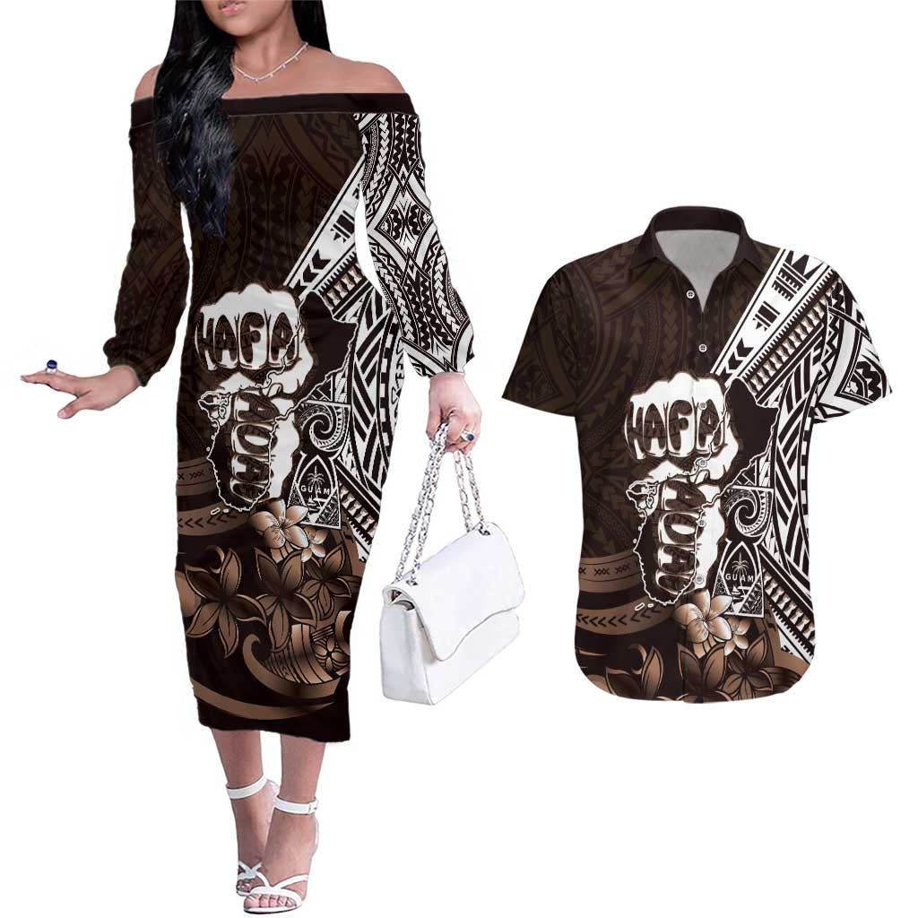 Hafa Adai Guam Discovery Day Couples Matching Off The Shoulder Long Sleeve Dress and Hawaiian Shirt Chamorro Latte Stone Hand Brown Version LT14 Brown - Polynesian Pride