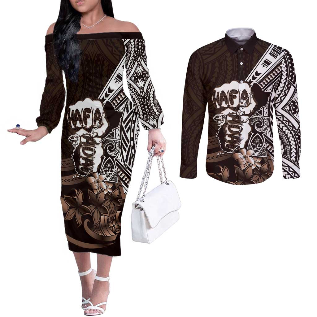 Hafa Adai Guam Discovery Day Couples Matching Off The Shoulder Long Sleeve Dress and Long Sleeve Button Shirt Chamorro Latte Stone Hand Brown Version LT14 Brown - Polynesian Pride