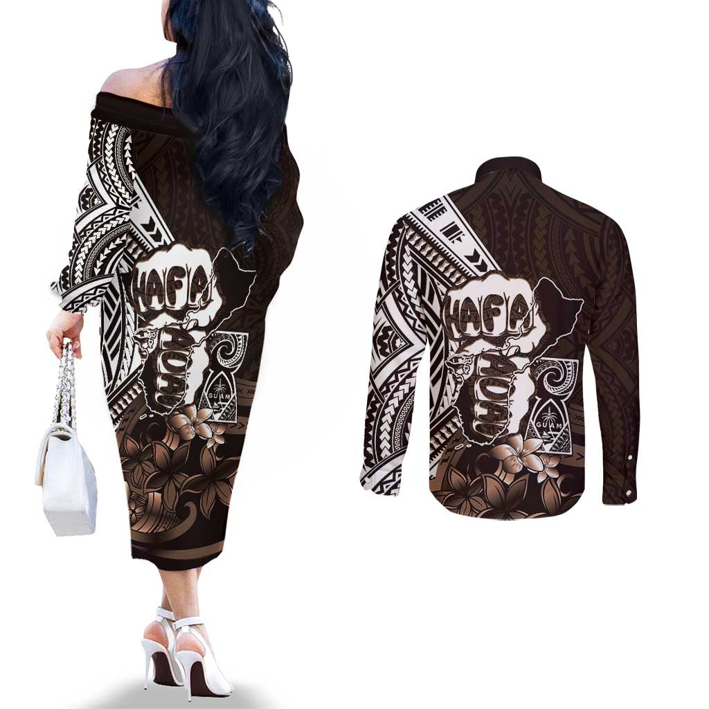 Hafa Adai Guam Discovery Day Couples Matching Off The Shoulder Long Sleeve Dress and Long Sleeve Button Shirt Chamorro Latte Stone Hand Brown Version LT14 - Polynesian Pride