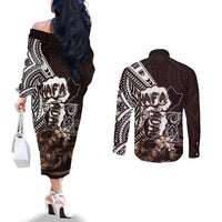 Hafa Adai Guam Discovery Day Couples Matching Off The Shoulder Long Sleeve Dress and Long Sleeve Button Shirt Chamorro Latte Stone Hand Brown Version LT14 - Polynesian Pride