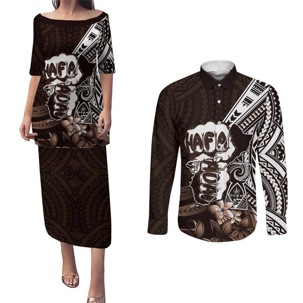 Hafa Adai Guam Discovery Day Couples Matching Puletasi and Long Sleeve Button Shirt Chamorro Latte Stone Hand Brown Version