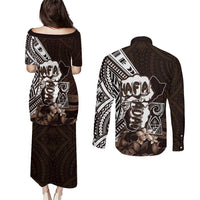 Hafa Adai Guam Discovery Day Couples Matching Puletasi and Long Sleeve Button Shirt Chamorro Latte Stone Hand Brown Version