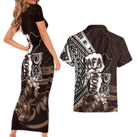 Hafa Adai Guam Discovery Day Couples Matching Short Sleeve Bodycon Dress and Hawaiian Shirt Chamorro Latte Stone Hand Brown Version LT14 - Polynesian Pride