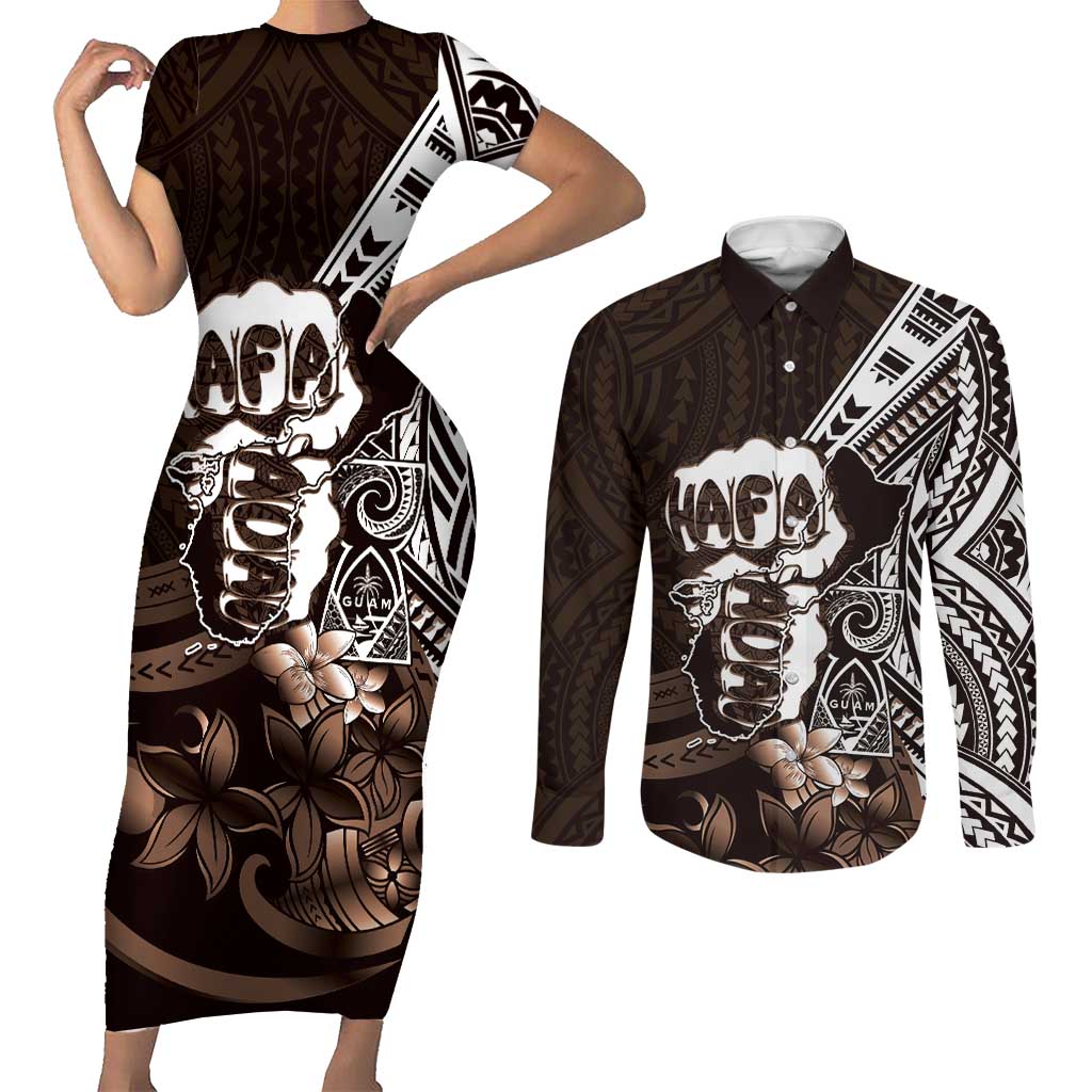 Hafa Adai Guam Discovery Day Couples Matching Short Sleeve Bodycon Dress and Long Sleeve Button Shirt Chamorro Latte Stone Hand Brown Version LT14 Brown - Polynesian Pride